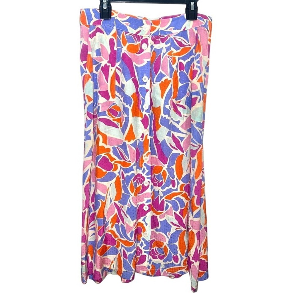 NWT FRNCH Paris XS Floral Print Midi‎ Skirt Pockets Colorful Boho Coastal Retro